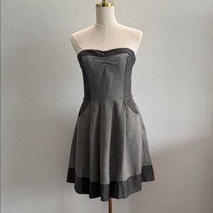 Eva Franco Grey and White Stripped Strapless Fit-And-Flare Dress